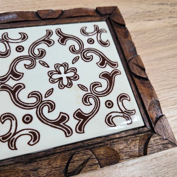 Vintage Handmade Folk Art Tile Wood  Decorative Trivet Orion Mexico Neutral - Picture 3 of 8